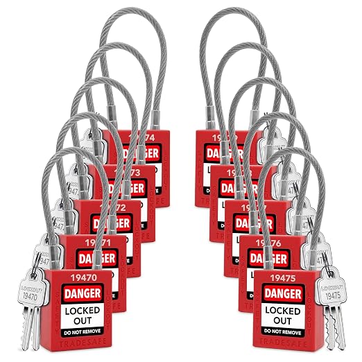 TRADESAFE Lockout Tagout Steel Cable Locks with Keys - 10 Red Keyed Alike Unlimited Grouping Electrical Lockout Padlock Set, 2 Keys Per Lock, Premium Grade Loto Locks, OSHA Compliant