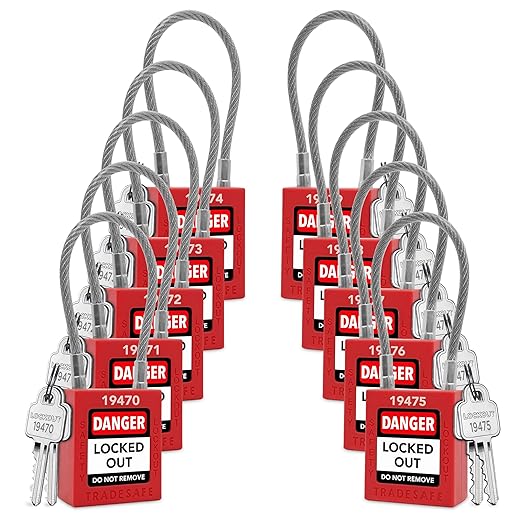 TRADESAFE Lockout Tagout Steel Cable Locks with Keys - 10 Red Keyed Alike Unlimited Grouping Electrical Lockout Padlock Set, 2 Keys Per Lock, Premium Grade Loto Locks, OSHA Compliant