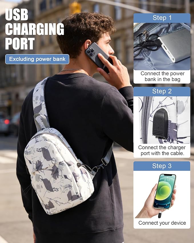 SEAFEW Small Sling Bag Crossbody Backpack Shoulder Bag for Men Women, Daypack Anti-Theft Cross Body Motorcycle Chest Bags, One Strap Tactical Backpack for Walking Biking Travel Cycling, Leaf White