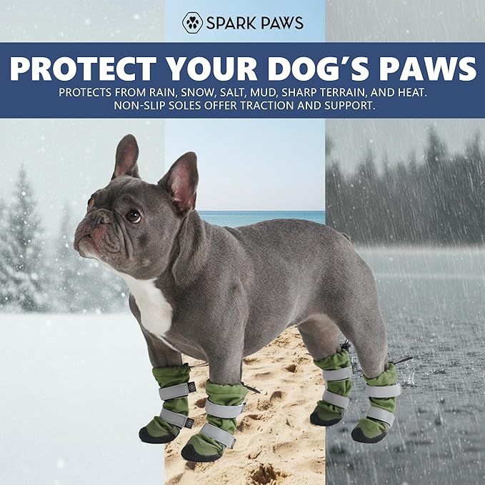 Spark Paws Dog Rainboots, Waterproof Dog Shoes for Medium to Large Dogs, Non Slip, Dog Booties and Paw Protectors - 4PCS Doggie Hiking Boots with Reflective Straps - Green, Size 5