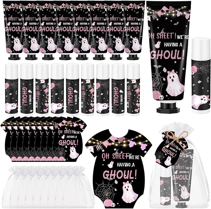 Batiyeer 25 Sets/100 Pcs Halloween Baby Shower Party Favors Bulk We're Having a Ghoul Travel Size Hand Cream and Lip Balm Sets for Halloween Gender Reveal Party Supplies, with Cards Organza Bags
