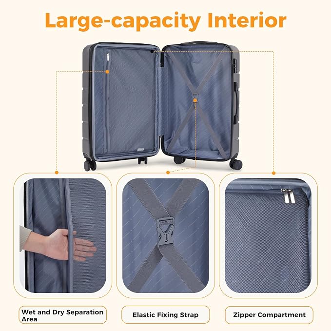 NEWBULIG 20 Inch Carry On Luggage, ABS Hard Shell Lightweight Rolling Expandable Suitcase with Double Spinner Wheels & TSA Lock, Travel Suitcase for Business Trips and Short Vacations, Dark Grey