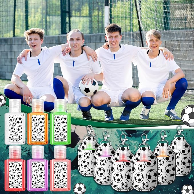 Frienda 48 Pack Soccer Party Favors Set 24 Pcs Mini Hand Sanitizers and 24 Pcs Keychain Holders Travel Size Sanitizers for Sports Soccer Party Supplies for Team Players Coaches Fans Gifts