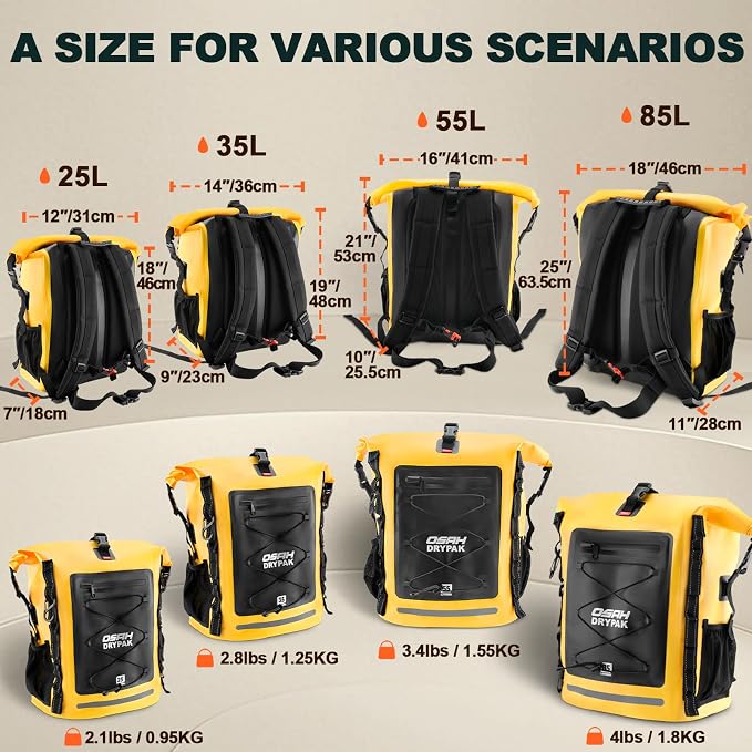 OSAH DRYPAK Waterproof Backpack Dry Bag 35L/55L/85L– Heavy Duty Roll-Top Hiking Backpack Sack Keeps Gear Dry for Travel, Kayaking, Boating, Camping, Rafting and Fishing