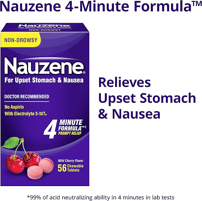 Nauzene - Non-drowsy Upset Stomach & Nausea Relief - Wild Cherry Flavor Chewable Tablets - 56 Counts (Pack of 2)