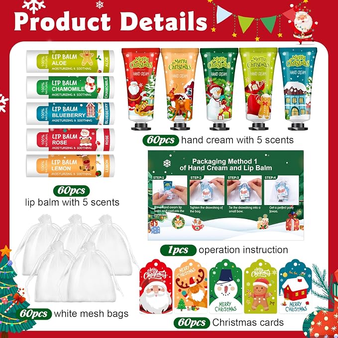 KONEUK 60 Pack Christmas Hand Cream and Lip Balm Set, Stocking Stuffers for Women, Bulk Hand Lotion for Christmas Gifts, Christmas Party Favors, Party Supplies and Christmas Decorations