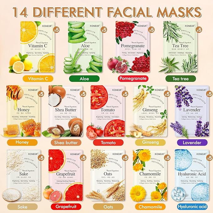 KONEUK 70 Pack Sheet Face Masks Skincare, Hydrating Face Masks Suitable for All Skin Types, Bulk Facial Mask Gifts Set for Women Skin Care, Home Skincare Spa for Sensitive Skin