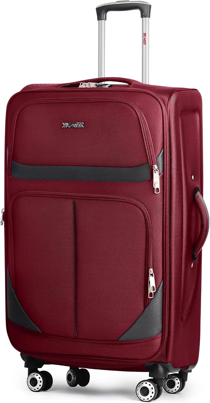 28" Large Softside Expandable 15% Checked Luggage with Double Spinner Wheels LOCK,Lightweight Travel Suitcase for Men/Women（Burgundy-Grey,28in）