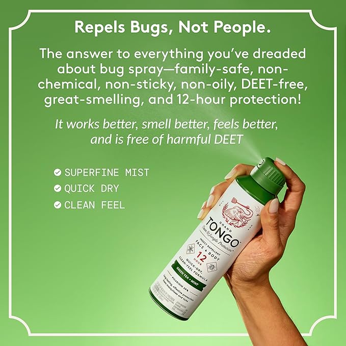 Grand Tongo Green Tea + Mint Insect Repellent, 12-Hour Mosquito & Tick Protection, Picaridin-Based, Water-Based, Lightweight, Quick-Drying, Vanishing Scent, DEET Alternative, Face & Body Use, 3 Pack