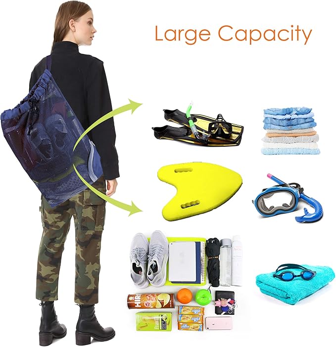 BeeGreen Mesh Drawstring Bag Swim Backpack for Beach Pool Sports Gym Draw String Cinch Bags for Swimming Soccer Basketball Gear Navy