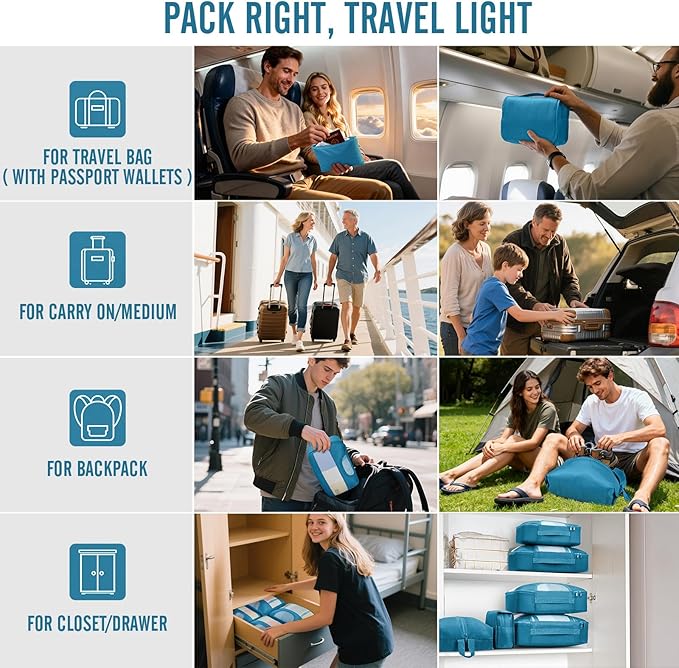 Veken 8 Set Packing Cubes for Travel Essentials, Suitcase Organizer Bags in 4 Sizes, Carry-On Luggage Accessories with Large Laundry Bag & Passport Holder, Must-Have for Airplane, Road Trip & Camping