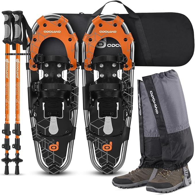 Odoland 21/25/30 Inch Snowshoes with Trekking Poles for Men Women Youth, Waterproof Snow Leg Gaiters and Carrying Bag, Lightweight Aluminum, Heel Lift, Snow Shoes Easy to Wear