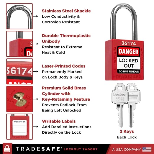 TRADESAFE Lockout Tagout Locks Set - 10 Red Loto Locks, Lockout Locks Keyed Different, 2 Keys Per Lock, OSHA Compliant Lock Out Tag Out Padlocks, Safety Padlocks for Electrical Lockout Tag Out Kits