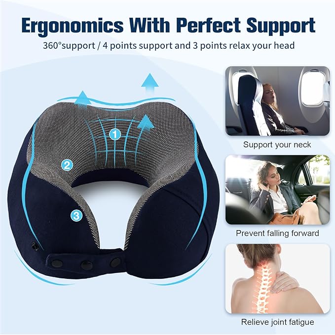 Cirorld Neck Pillow for Traveling, Travel Pillows for Airplanes,100% Pure Memory Foam Travel Neck Pillow, Adjustable Flight Pillow, Portable Plane Accessories with Eye Mask, Earplugs, Carry Bag
