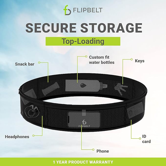 FlipBelt Lightweight Running Air Belt, Fitness and Running Fanny Pack for Women and Men, Non Chafing Waist Band Pack for Phone, Keys, Money, Moisture Wicking Storage Belt, USA Company