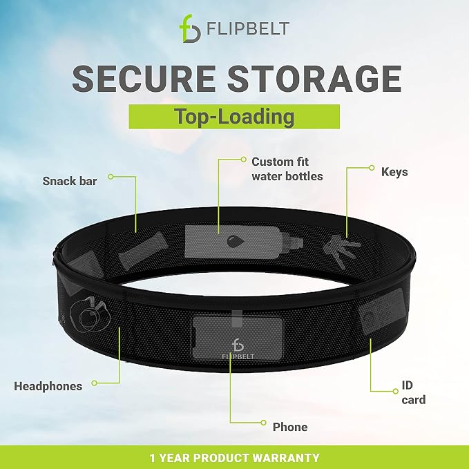 FlipBelt Lightweight Running Air Belt, Fitness and Running Fanny Pack for Women and Men, Non Chafing Waist Band Pack for Phone, Keys, Money, Moisture Wicking Storage Belt, USA Company