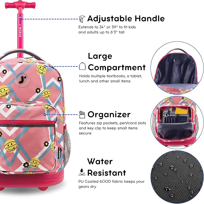 J World Sunrise Kids Rolling Backpack for Girls Boys. Roller Bookbag With Wheels For School, Basketbally