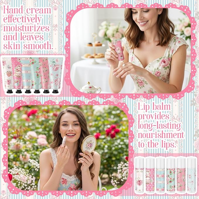 12 Sets Tea Party Favors Mini Hand Cream Lip Balm Bulk Gift Set for Women Wedding Party Favors for Guests Travel Size Hand Lotion Vintage Floral Moisturizing Lip Balm Gifts for Baby Shower