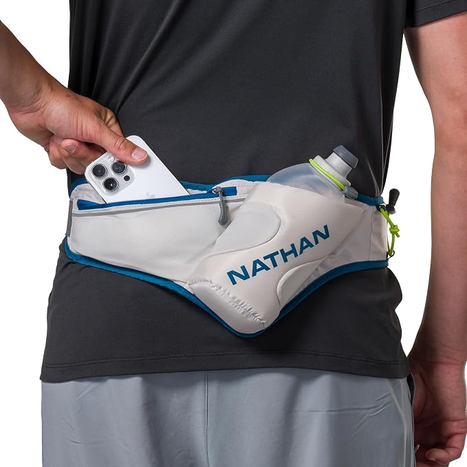Nathan Peak Running Hydration Waist Pack Belt w/ Speed Draw Flask Water Bottle, 18oz/535 ml Push/Pull Race Cap, Expandable Zippered Stretch Pocket