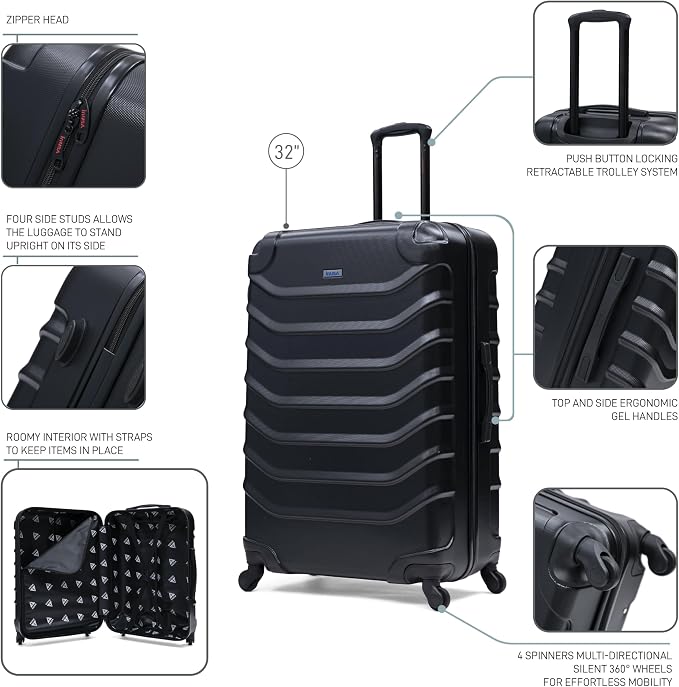 InUSA ENDURANCE Luggage with Spinner Wheels | Durable Lightweight Hardside Suitcase, Travel Bag with Handle and Trolley, 32-Inch Extra-Large Checked Luggage | Black