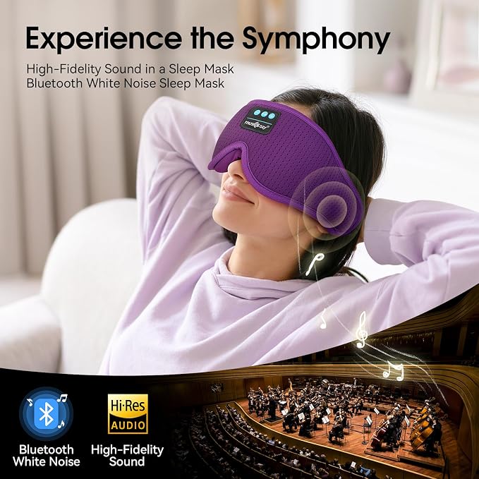 MUSICOZY White Noise Sleep Mask Headphones with 16 Soothing Sounds, Bluetooth Sleep Mask 3D Wireless Music Sleeping Headphones for Side Sleeper