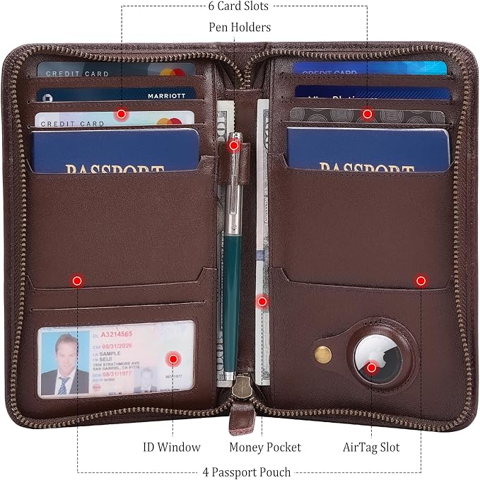 Polare Full Grain Leather Passport Holder Cover Case for Men RFID Blocking Travel Wallet Holds 4 Passports (Coffee with AirTag Slot)