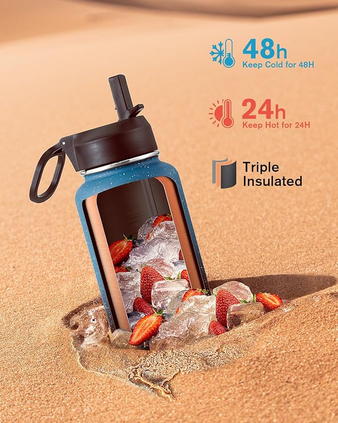 Coolflask Water Bottle 40 oz Insulated with Straw, Stainless Steel Metal 3 Lids Water Flask for Sports or Office, Keep Cold 48H Hot 24H, Turquoise