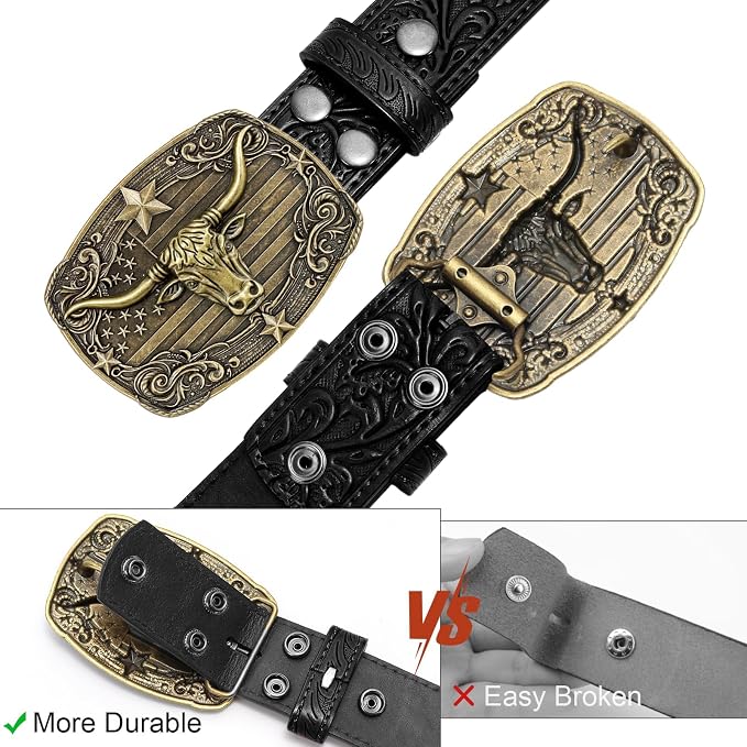 SANSTHS Western Cowboy Belts for Men Women, Mens Western Belt Bull Buckle Country Belt Cowboy Leather Belt for Jeans