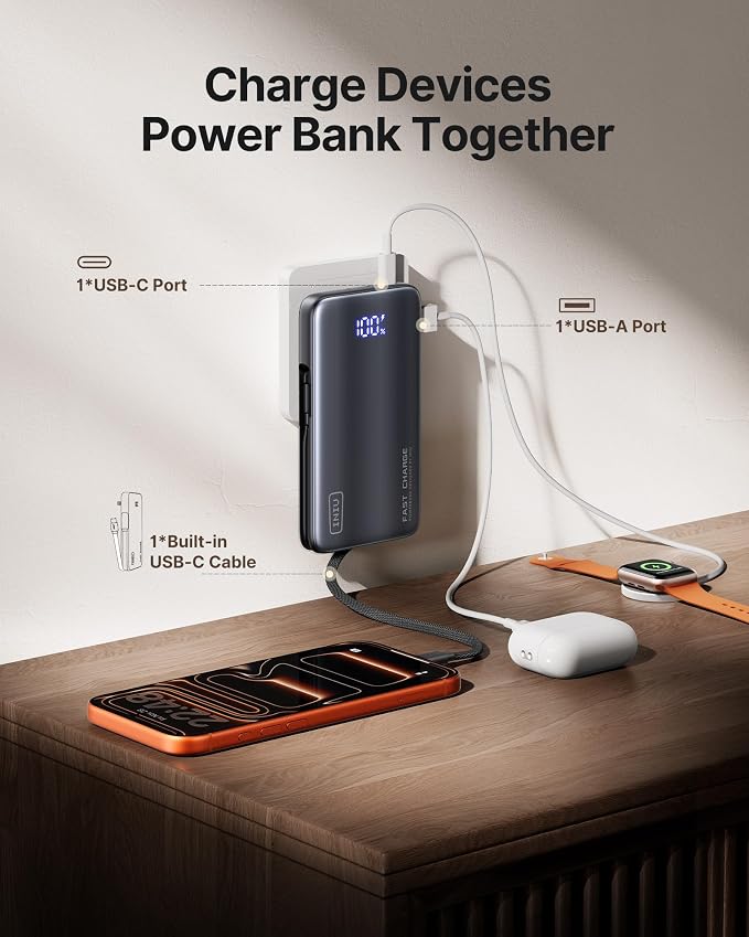 INIU Portable Charger, Ultra Slim 45W Fast Charging Power Bank with Built-in AC Wall Plug, 10000mAh GaN 3-in-1 Battery Pack for Flight-Safe Travel, for iPhone 17 16, Samsung S26, iPad etc, Black
