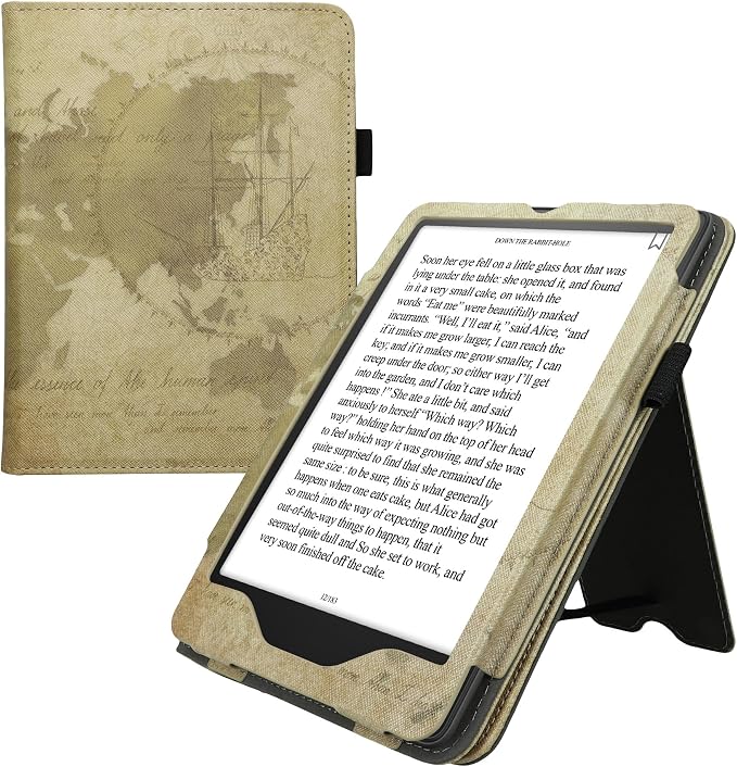 kwmobile Case Compatible with Amazon Kindle Paperwhite (2024)/Colorsoft - Case PU Leather Cover with Magnet Closure, Stand, Strap, Card Slot - Travel Vintage Brown/Light Brown