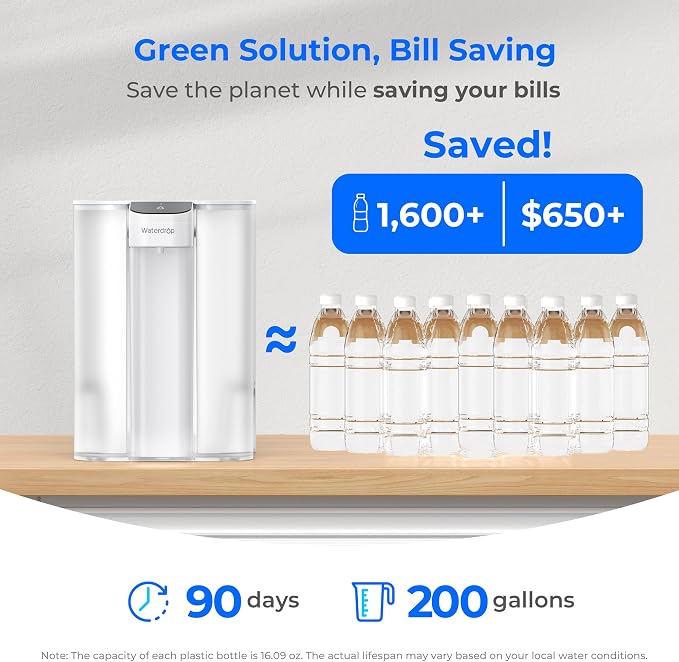 Waterdrop ED04W-L Mega Electric Water Filter Dispenser, Large 27-Cup, 200-Gallon Rechargeable Instant System, NSF/ANSI 42&53&401&372, Reduce PFOA/PFOS, Lead, Chlorine, Does not Lower TDS, White