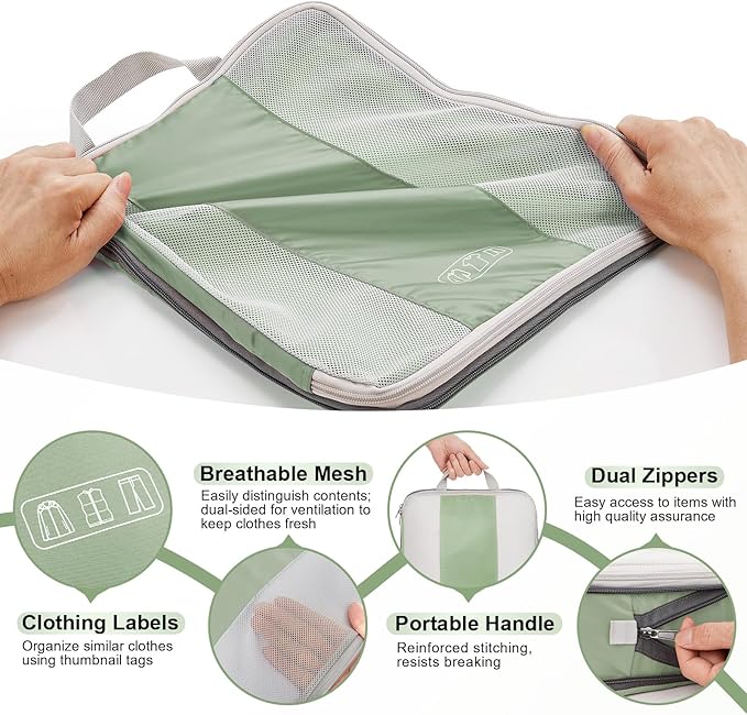 10 Set Compression Packing Cubes for Travel Essentials,Compressible Expandable Packing Cubes for Suitcase,OlarHike Luggage Garment Bags for Travel,Handy Helper for Organizing Clothes(Matcha Green)