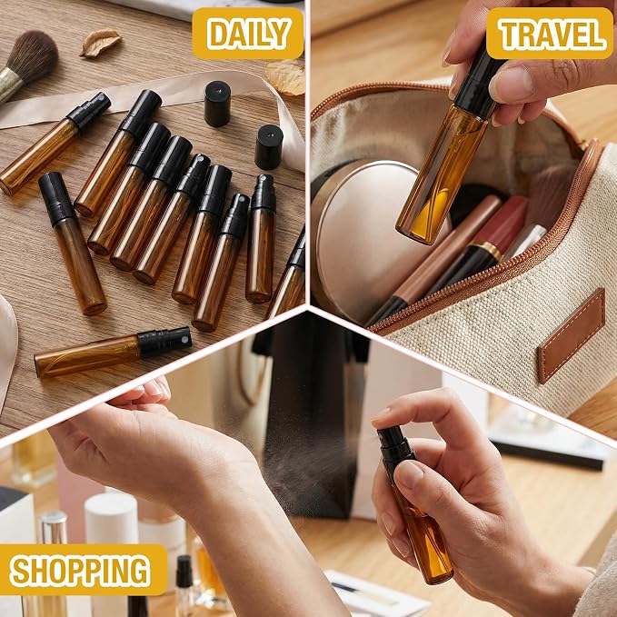 Tanlade 300 Pcs 5ml Mini Spray Bottles Refillable Brown Glass Travel Perfume Atomizer Mouthwash Bottle Cologne Small Sample Containers for Essential Oils, Retailers