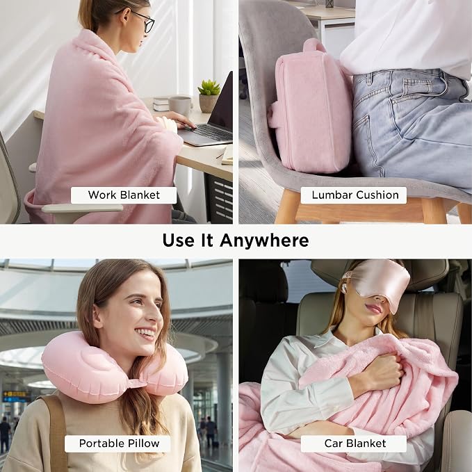 Bedsure Travel Blanket Set with Inflatable Neck Pillow and Eye Mask - Lightweight 3-in-1 Airplane Packable Blanket, Compact Travel Essentials, Pink