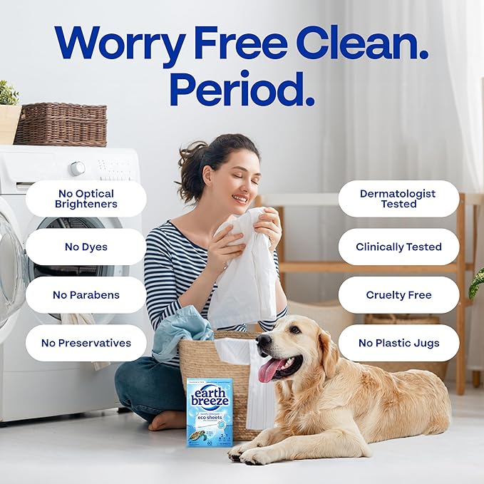 Earth Breeze Laundry Detergent Sheets Fragrance-Free - 60 Loads Eco Liquidless Soap - Travel-Friendly for Hot & Cold Cycles, Tackles Tough Stains & Odors - Gentle on Sensitive Skin, 30 Ct