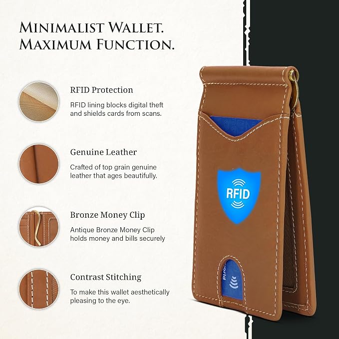ROGUE WALLET Genuine Leather Minimalist Wallets - RFID Blocking with Money Clip - Interior & Exterior Card Pockets & More - Gift for Men (Tan)