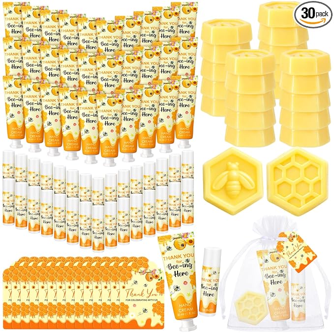 Loopeer 30 Set/150 Pcs Bee Theme Baby Shower Favors for Guests Gifts Hand Cream Lip Balm Soap Party Favors Travel Size with Bags, Thanks You Card for Games Prizes Souvenirs