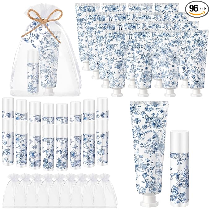 Loopeer 24 Sets Blue Floral Bridal Shower Hand Cream and Lip Balm Gift Bulk Blue Flower Wedding Favors Travel Size Hand Lotion and Lip Balm Wedding Bridal Baby Shower Party Supplies for Guests