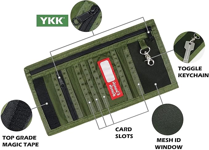 Rough Enough Kids Wallet for Boys Teens with Neck Lanyard Keychain Zipper Coin Pocket Card Holder Army Green Soft Nylon