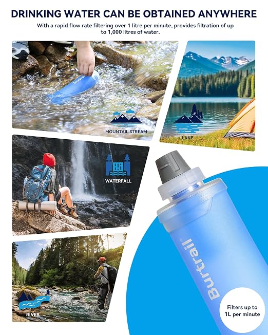 1.0L Collapsible Water Filter Bottle, BPA-Free Ultralight & Durable Squeeze Bottle with 42mm Filter Cap Cartridge, Filtered Water Bottle for Camping, Hiking, Backpacking, Survival & Travel