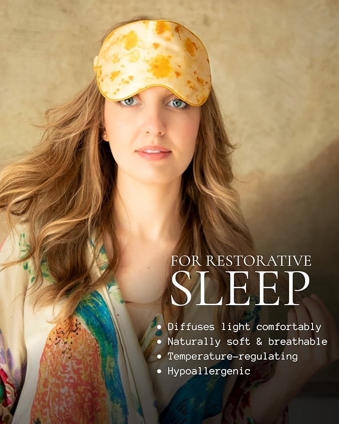SILK & WILLOW - Botanical Print Pure Mulberry Silk Eye Mask & Scrunchie Gift Set, Luxurious Sleep Eye Mask & Hair Accessory Bundle, Durable Nature-Considerate Wellness Gifts for Women, Marigold Yellow