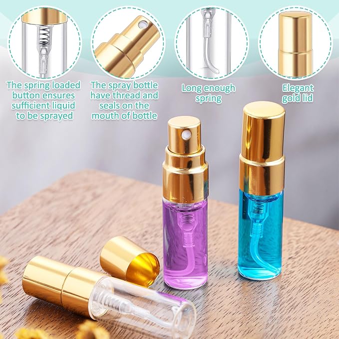 Zhehao 1 Pcs Mini Spray Bottles Clear Glass Perfume Bottles Refillable Fine Mist Perfume Atomizer Portable Empty Sample Containers for Cleaning, Essential Oils, Travel (Gold Cap,3 ml)