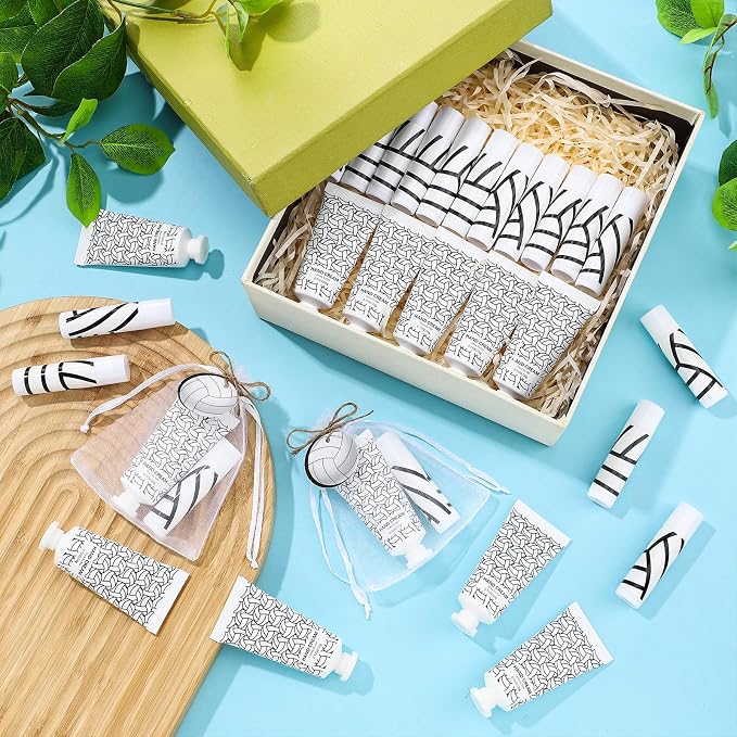 144 Pcs Lip Balm Hand Cream Set Party Favors, Include 36 Lip Balm 36 Moisturizing Hand Cream 36 Bags 36 Cards and Ropes for Accessories Gifts(Black and White,Volleyball)