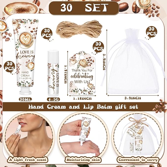 Loopeer 30 Sets Love Is Brewing Bridal Shower Hand Cream and Lip Balm Gift Bridal Shower Party Favors Thank You Gift for Guest Travel Size Wedding Party Supplies (Rose Scent)