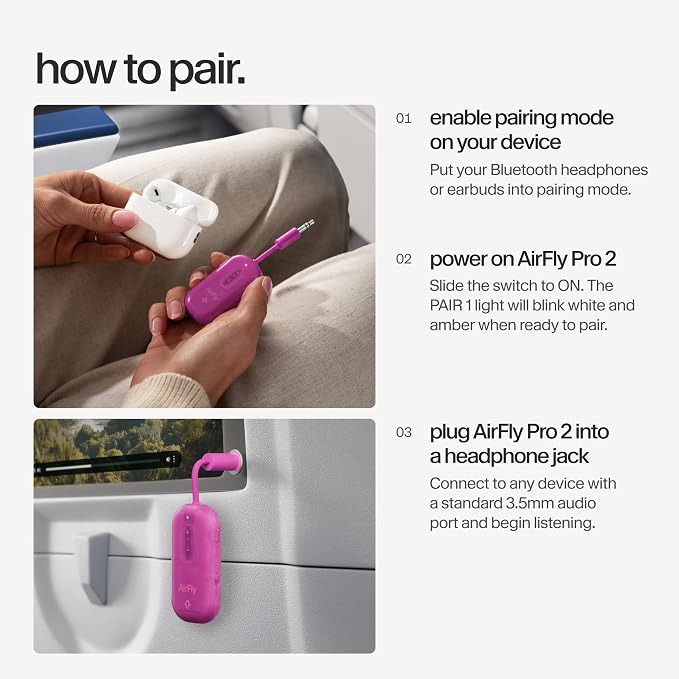 AirFly Pro 2 – Bluetooth Adapter for Airplane, Pair 2 AirPods or Wireless Headphones – 3.5mm AUX Bluetooth Transmitter for Cars, Boats, Treadmills, TVs– Airplane Travel Essentials, Fuchsia Ice