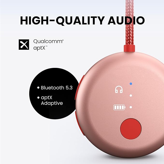 Avantree SoundJet R1 – 25Hr Airplane Bluetooth Adapter for All AirPods | Qualcomm Chipset & aptX Adaptive, Wireless Audio Transmitter for Flight Travel, Works with Bose & Other Headphones
