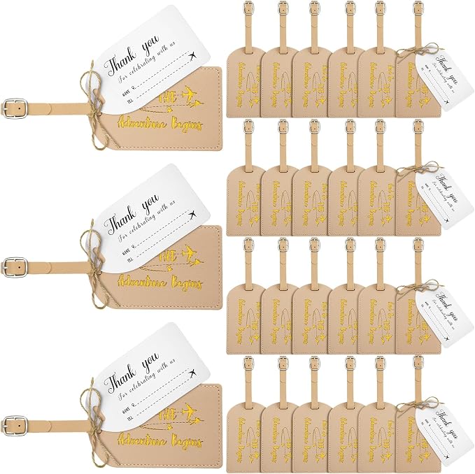 Sweetude 48 Sets Bulk Luggage Tags Wedding Favors and So The Adventure Begins Leather Luggage Tags for Suitcases with Name Card for Travel Themed Bridal Shower Graduation Party Favor(Apricot)
