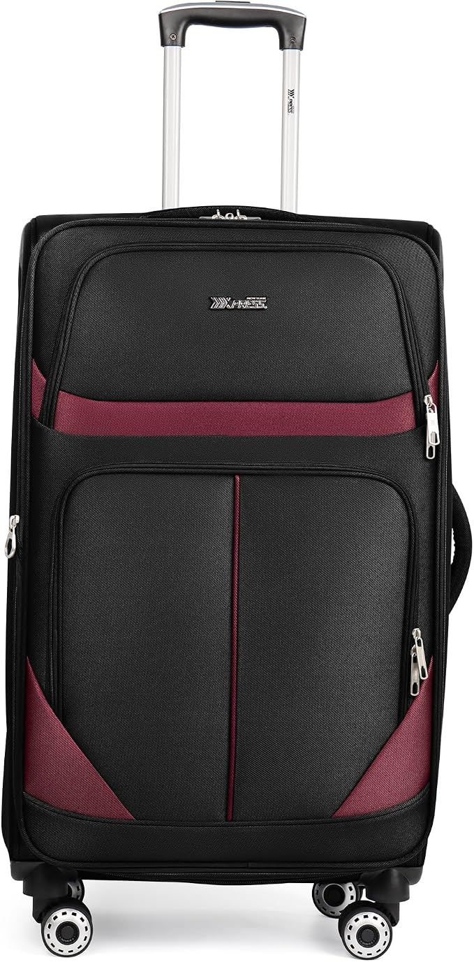 28" Large Softside Expandable 15% Checked Luggage with Double Spinner Wheels LOCK,Lightweight Travel Suitcase for Men/Women（Black-Burgund,28in）