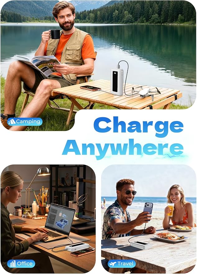 Power Bank, 50000mAh Travel Camping Essential Portable Charger with Built-in USB-C & iOS Cable, 22.5W PD Fast Charging Battery Pack, for iPhone 17/16/15, MacBook, Android – Pearl White