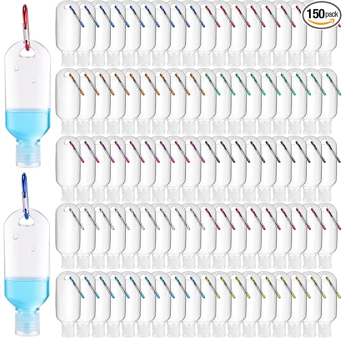 FairySandy 150 Pcs Traveling Bottles with Keychain 2oz Clear Plastic Hand Sanitizer Holder Keychain Empty Refillable Liquid Packing Container Squeeze Plastic Bottle with Lid,Rectangle